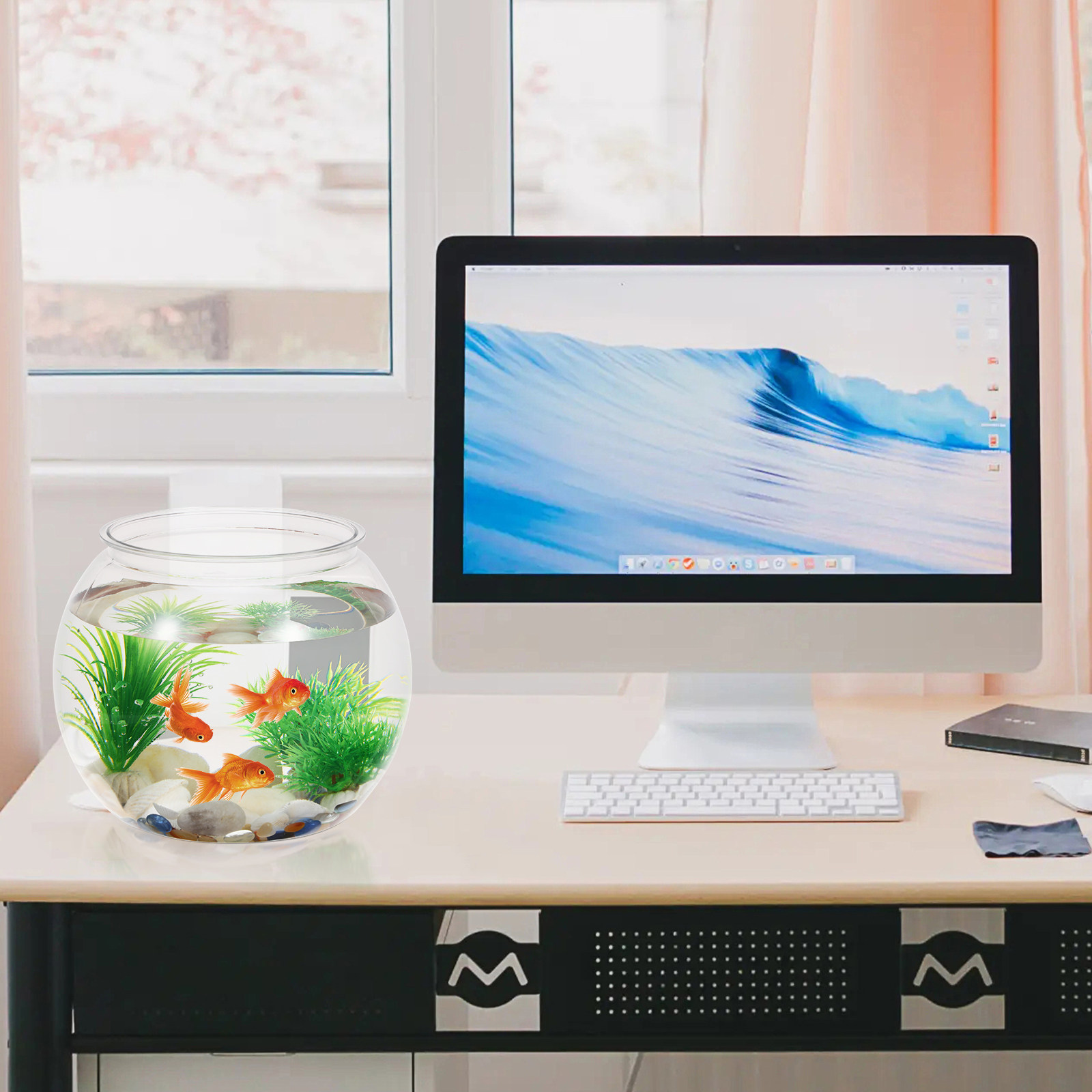 Planted Aquarium Bowl - 落下防止プラスチック製魚鉢、卓上丸型小型水槽、金魚や植物用、家庭やオフィスの装飾用テーブルトップ水槽