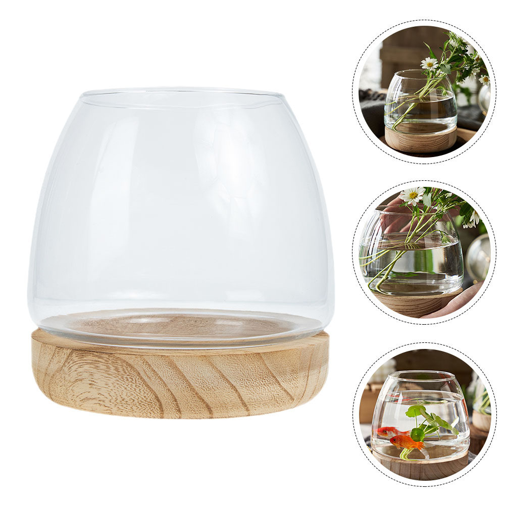 Planted Aquarium Bowl - 木製ベースのガラス製水耕栽培プランター花瓶1セット、デスクトップ装飾用水草テラリウムボウル、小型水槽、魚タンク、植木鉢